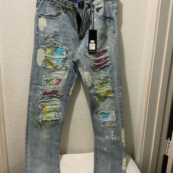 Men's 34x32 Waimea Blue Distressed Ripped rhinestone Skinny Fit Jeans - Picture 2 of 11
